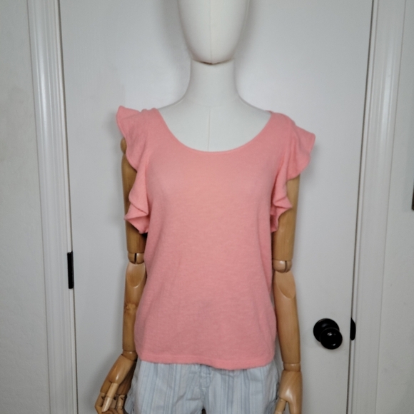 Madewell Texture & Thread J Crew Pink Ruffle Sleeve 100% Cotton Top Size Small - Picture 2 of 9